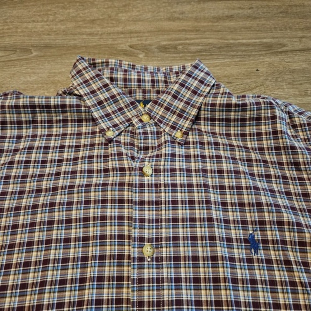 Polo Ralph Lauren Button Down Shirt Men XL Plaid Burgundy Blue‎ Long Sleeve
